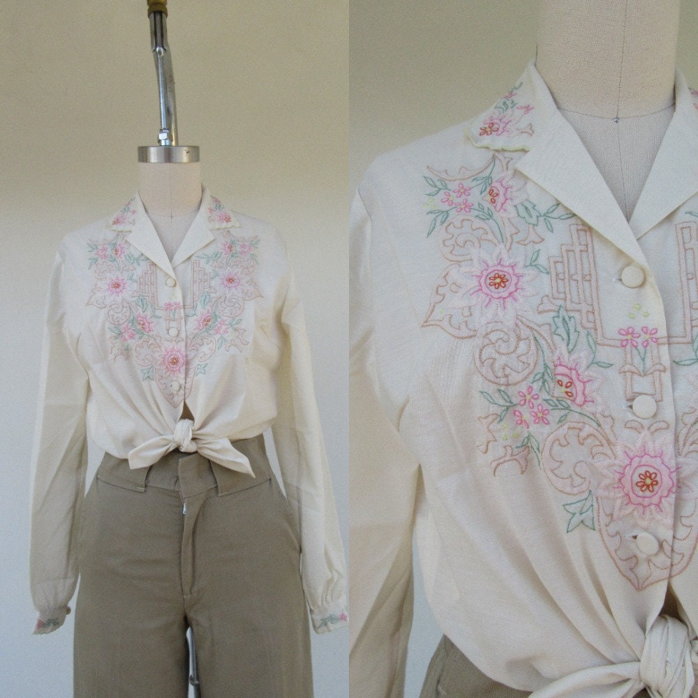 70S 80S Cream Embroidered Cotton Blend Long Sleeve Button Front Blouse Top Shirt | Size S M