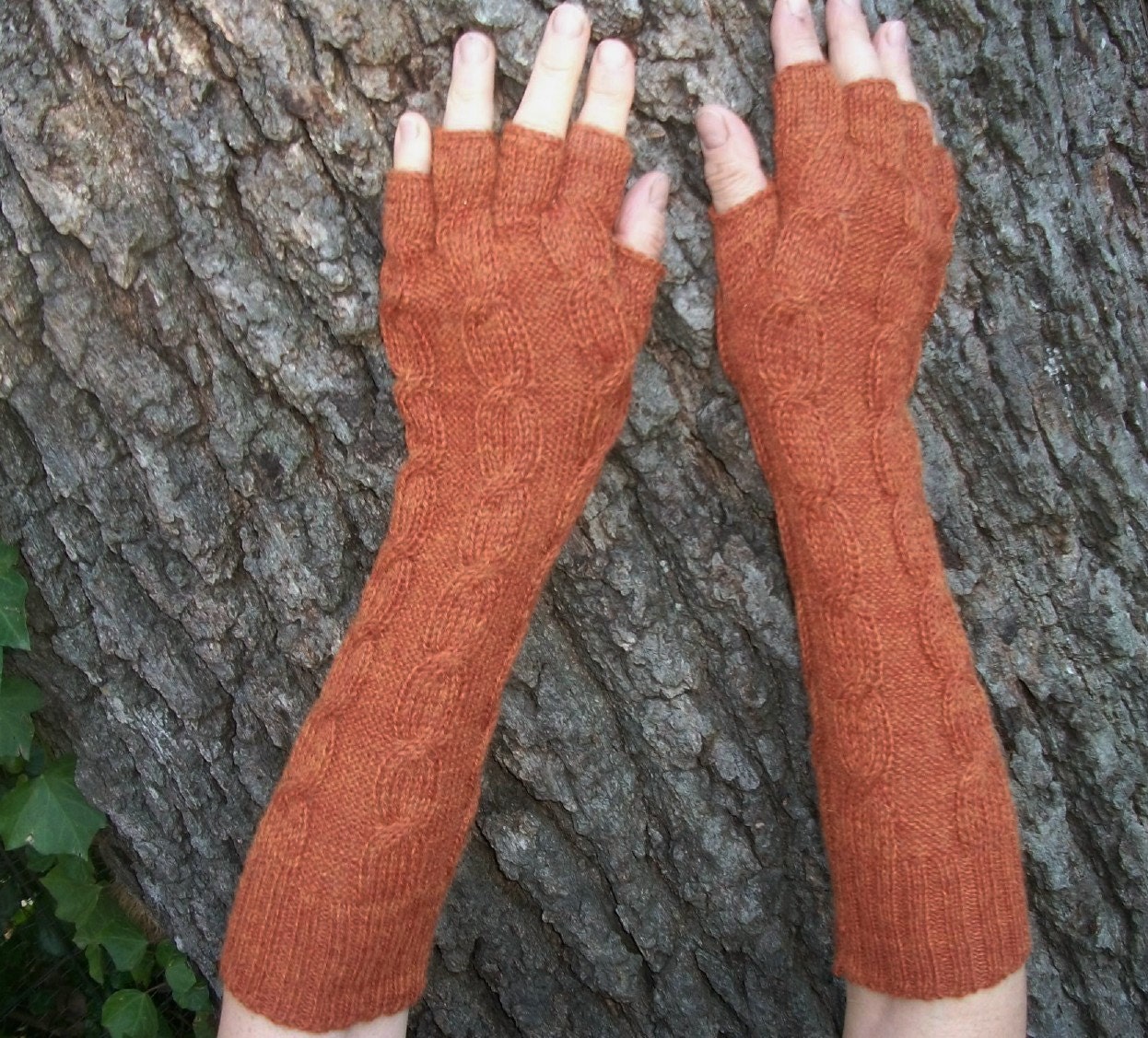 Alpaca Blend Finger-Less Knitted Arm Warmers With Cable. 7 Colors . Burgundy, Mustard, Skyblue, Pumpkin, Camel Tan, Purple, Ginger