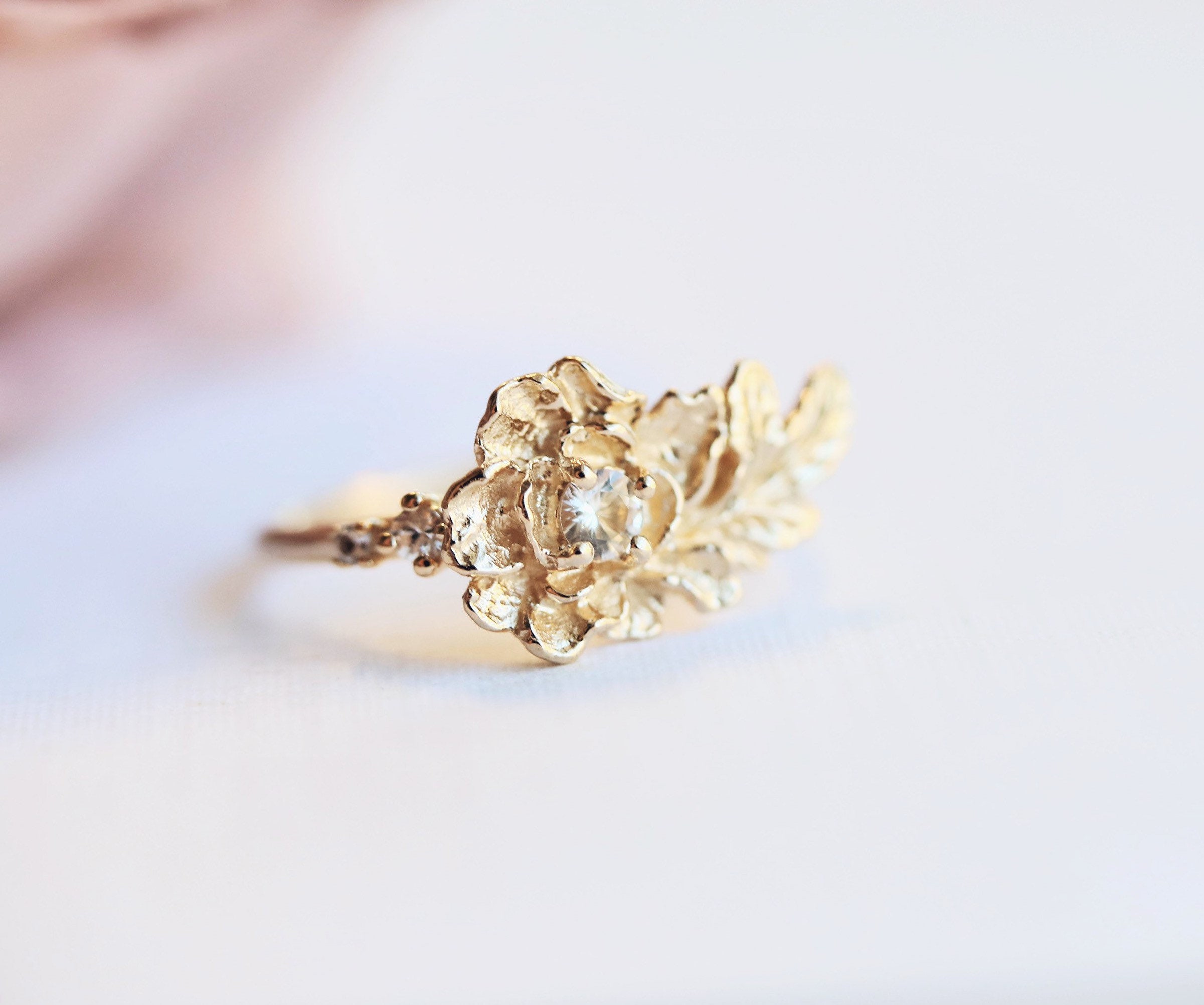 Peony No.3 Ring - 14K | Solid 14K Gold Flower Twig Engagement