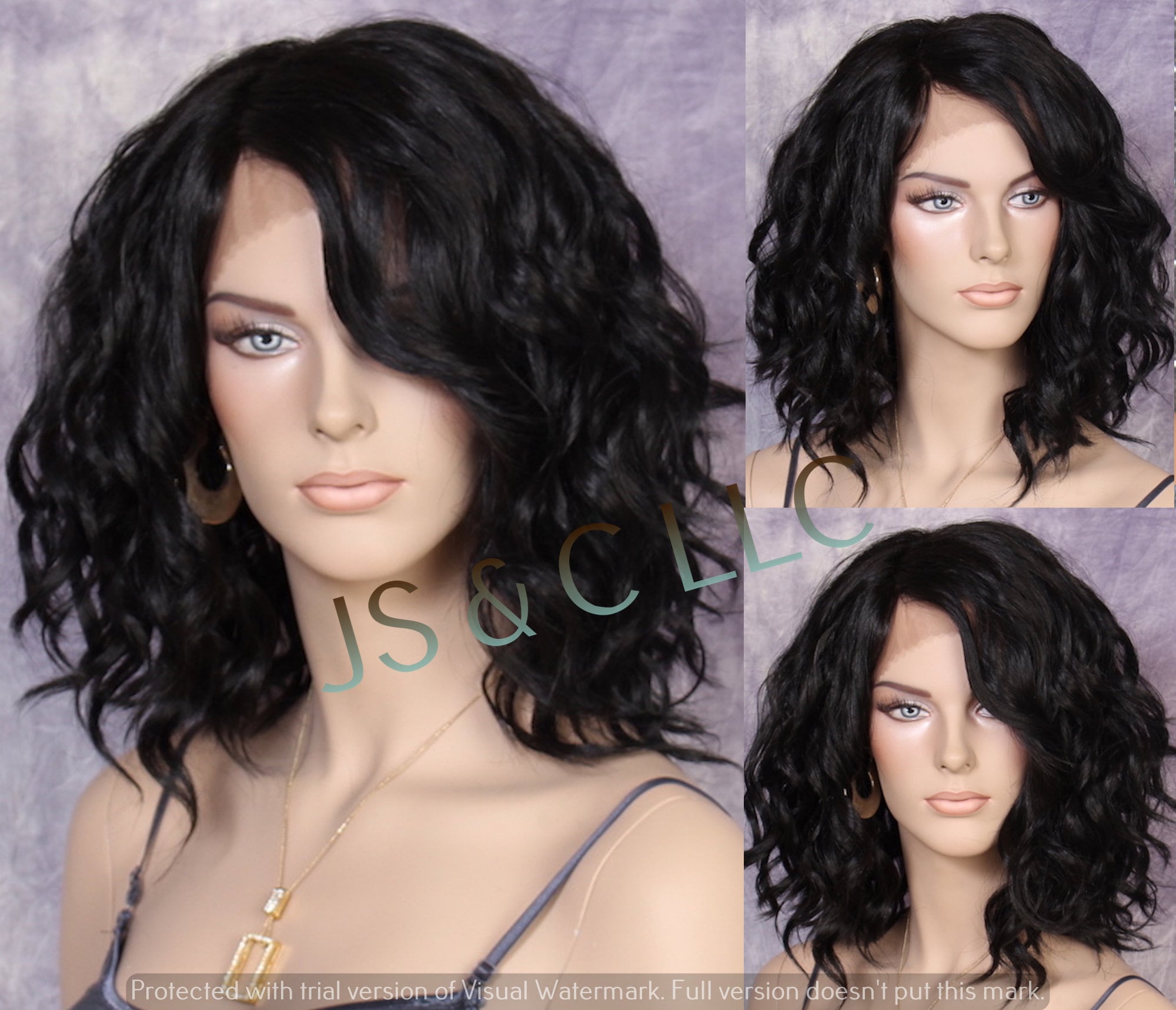 Natural Human Hair Blend Full Lace Front Wig With Side Lace Parting Beautiful Beachy Wavy Soft Texture Black in Color