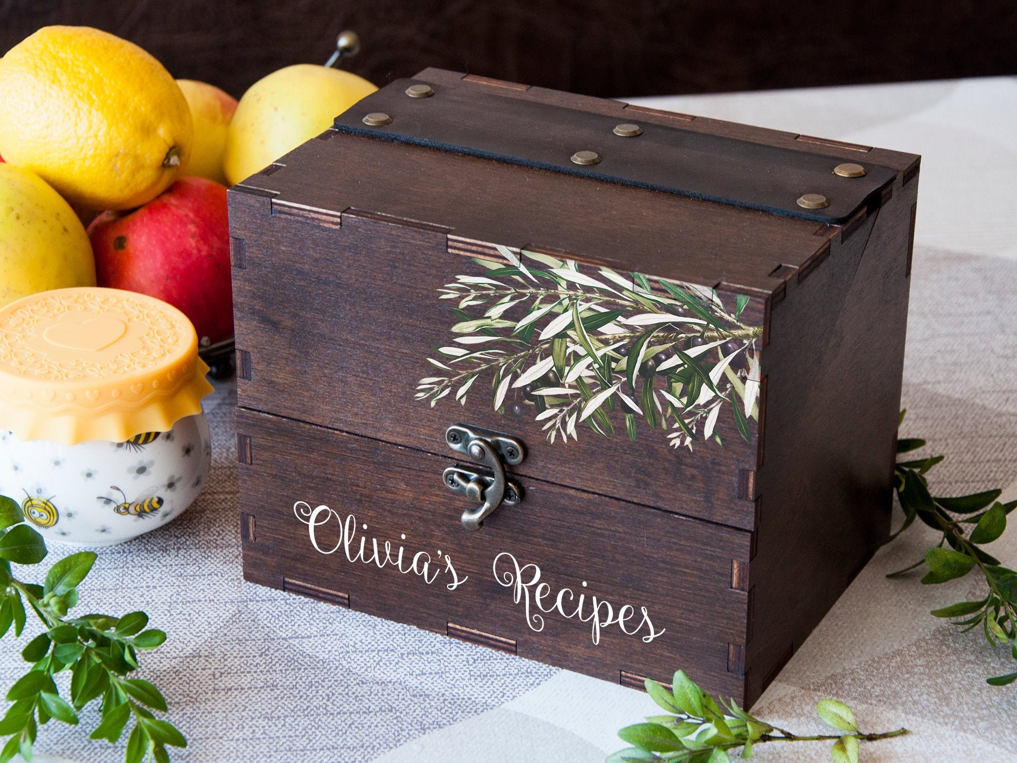 Wooden Recipe Box Olive Branch Print Mothers Day Gift For Her Personalized Card Wedding Daughter in Law Dividers