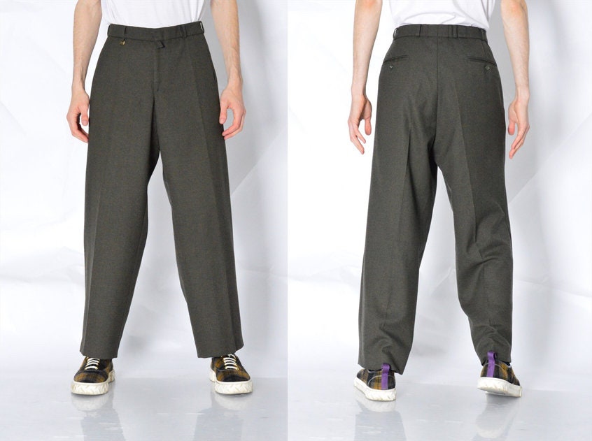 Vintage 70S Khaki Wool Blend Pants Mens Minimalist Trousers Waist Size 35 In