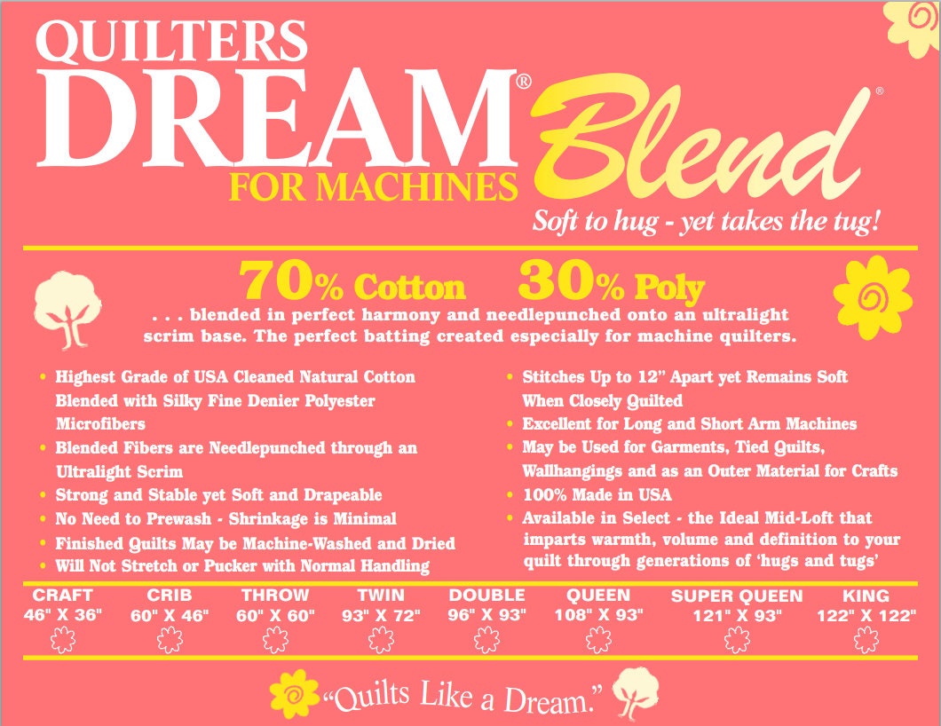Quilters Dream 70/30 Cotton/Poly Blend For Machines Quilt Batting-Throw Size 60 X 60"