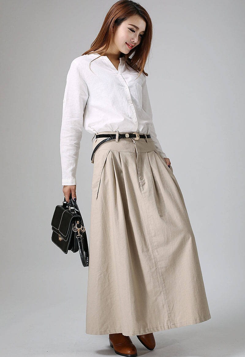Khaki Skirt, Maxi Long Casual Linen Summer Pleated Fitted Pockets Gift Ideas 0903#