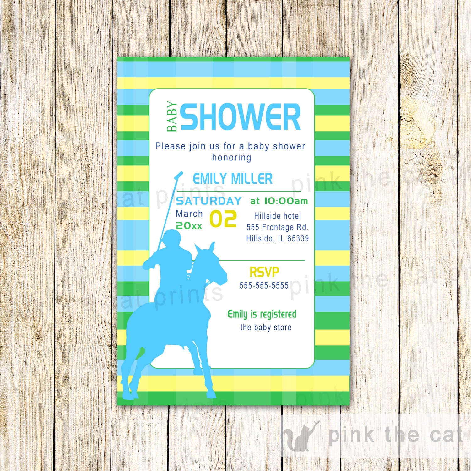 Polo Invitation - Birthday Boy Party Green Blue Yellow Baby Shower Sprinkle