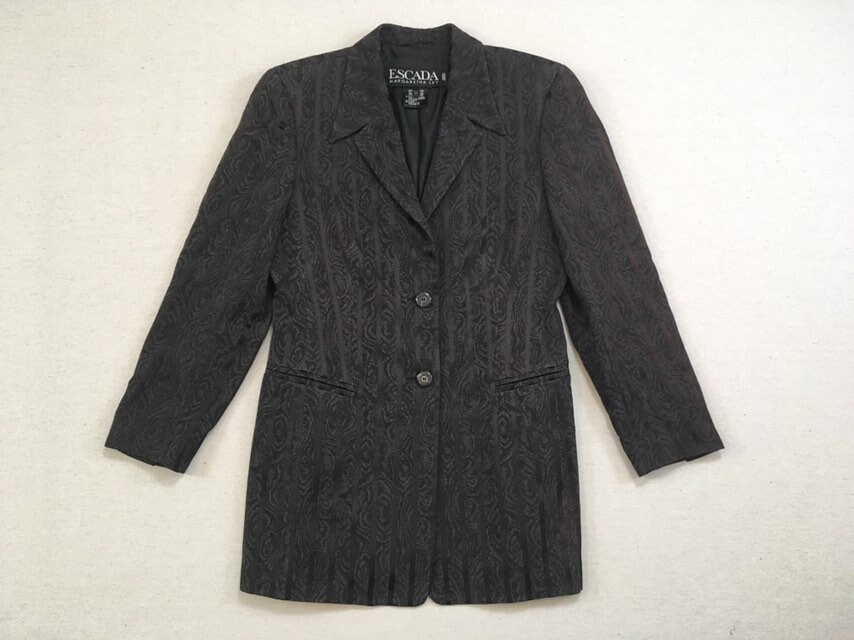 1990's, Wool/Rayon Blend, Blazer, in Textured Black Swirls, With Black, Satin Stripes, By Escada