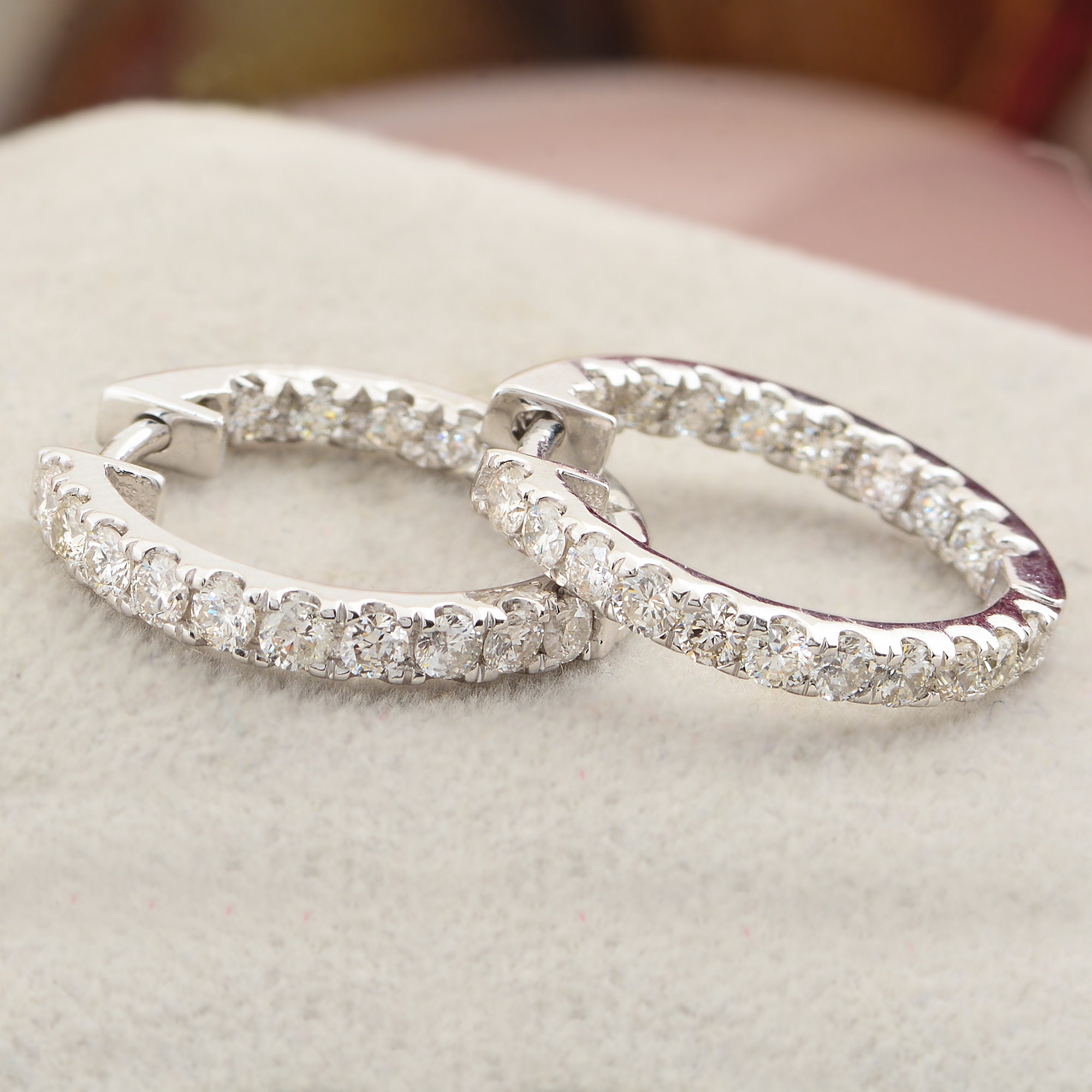 1.6 Ct Diamond Hoop Earrings, Women Huggies in 10K White Gold Si/Hi Diamonds, Gift For Mom, Her