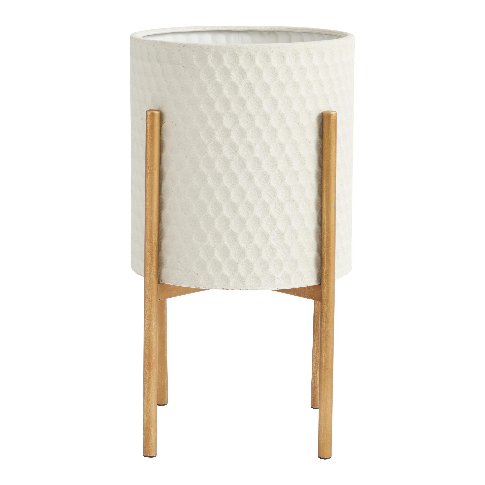 White Textured Honeycomb Planter With Gold Stand: White/Gold - Metal by World Market