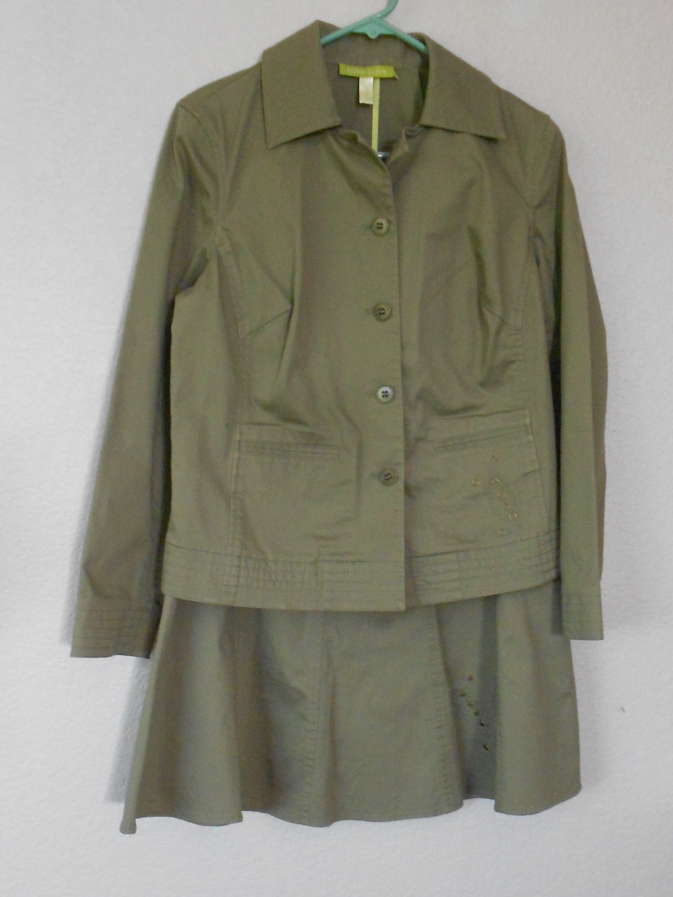 Sigrid Olsen Size 8 Cotton Blend Jacket Skirt 2Pc Suit/Olive Green Sport Suit/Metal Leave Pattern Unique Flare Suit