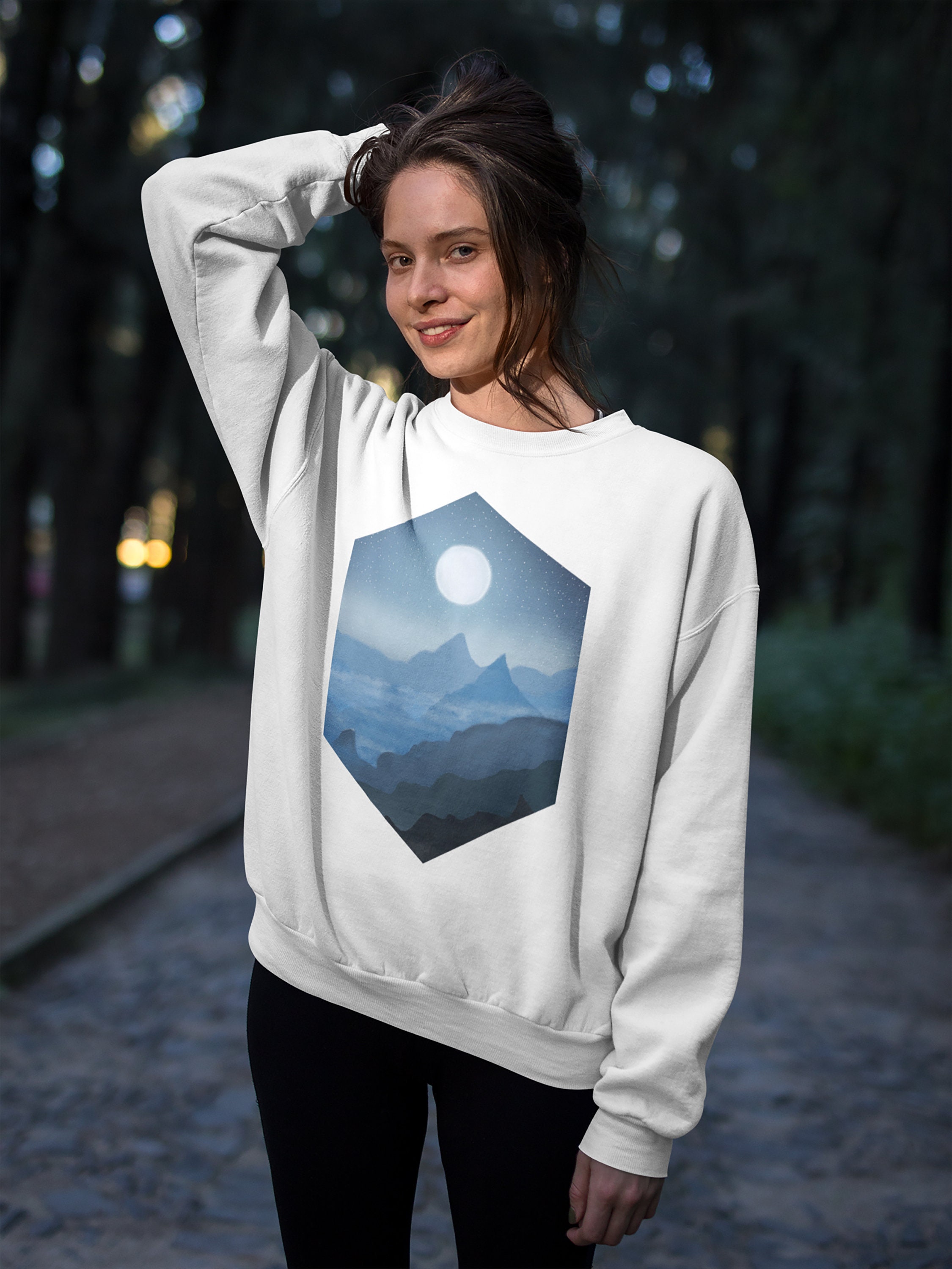 Starry Night | Heavy Blend Crewneck Sweatshirt/Hoodie Celestial Mountains Illustration Nature Lover Moon Stars Watercolor Art