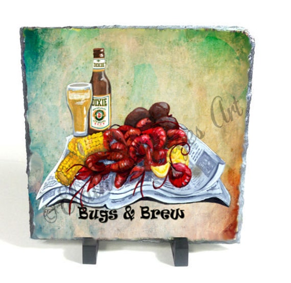 Crawfish, Louisiana Seafood, Bugs & Brew, Beer 8x8 Slate From Original Artwork, Art