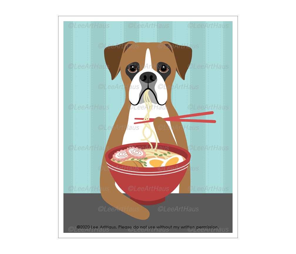 93D Ramen Print - Boxer Dog Eating Wall Art Funny Animal Drawing Breed Kitchen Decor Lover Gifts