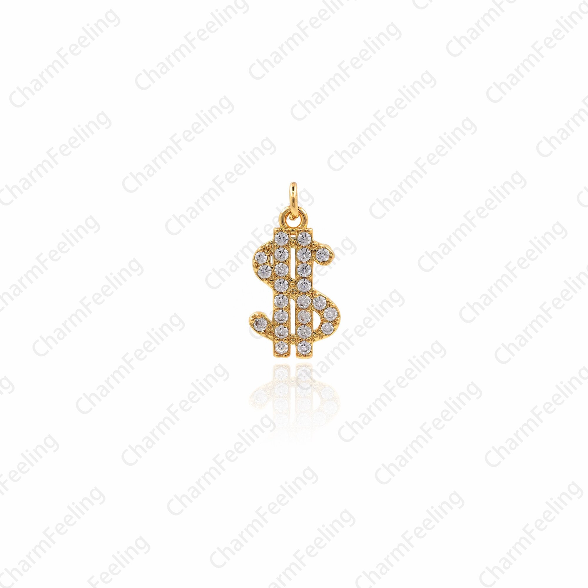 18K Gold Filled Dollar Sign Pendant, Micropav Cz Money Necklace, Charm, 18x9.5x1.8mm