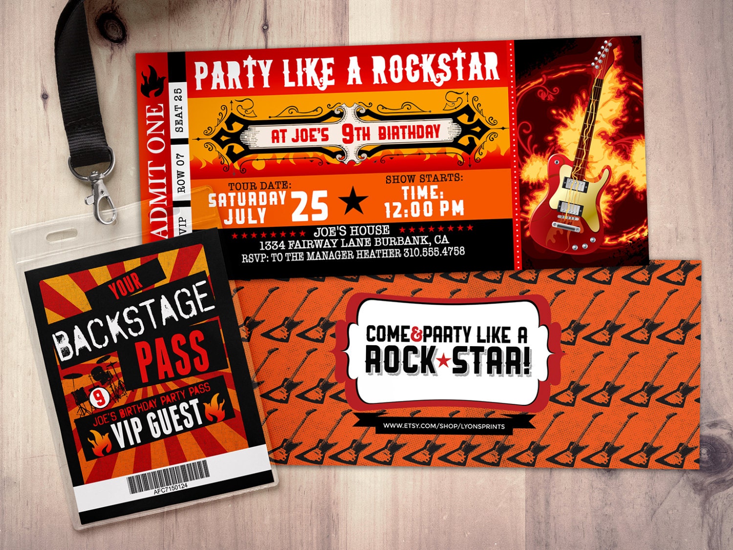 Rock Star Concert Ticket Birthday Party Invitation - Music Photo Card, Printable, Rockstar Party, Flames, Guitar, Rocker