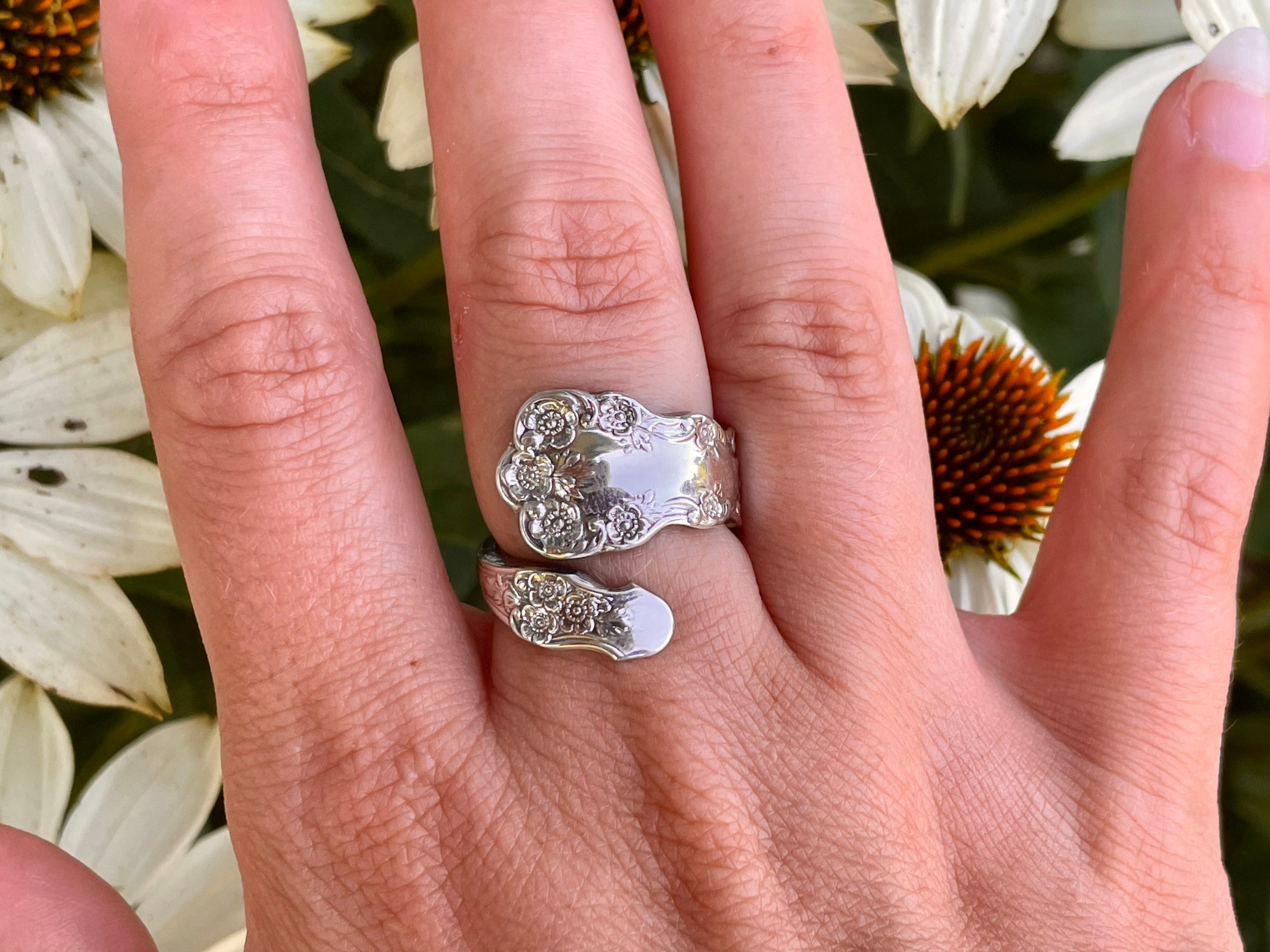 Dainty Floral Vintage Sterling Silver Spoon Ring Size 7.5 Adjustable, Sweet Romantic Gift, Silverware Jewelry, Flower Blossom Rings