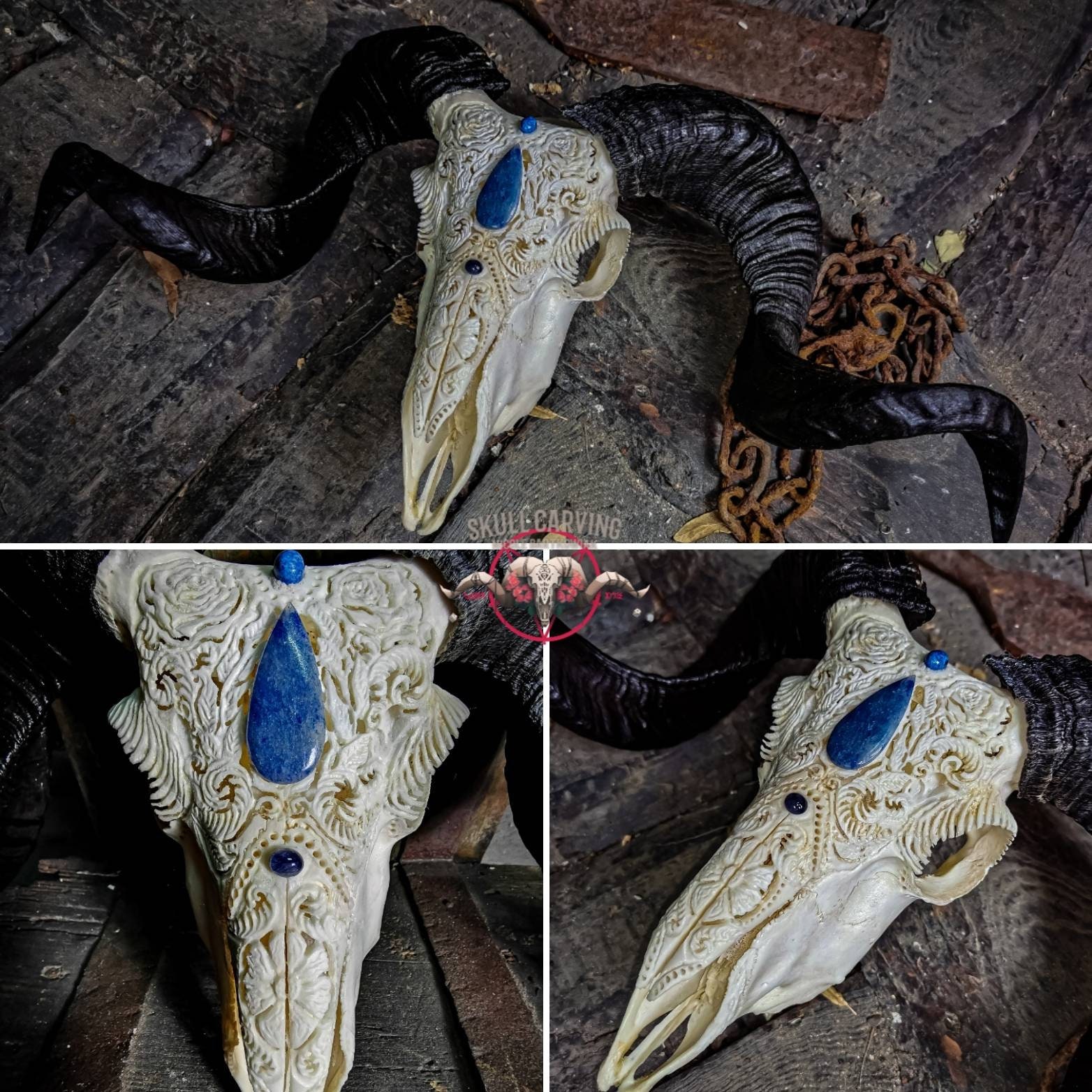 Made To Order Real Ram Skull Nice Big Horns Antlers With Real Blue Stone Cabochon Ornaments Filigree Sculpture Roses Gift Idea Christmas Art