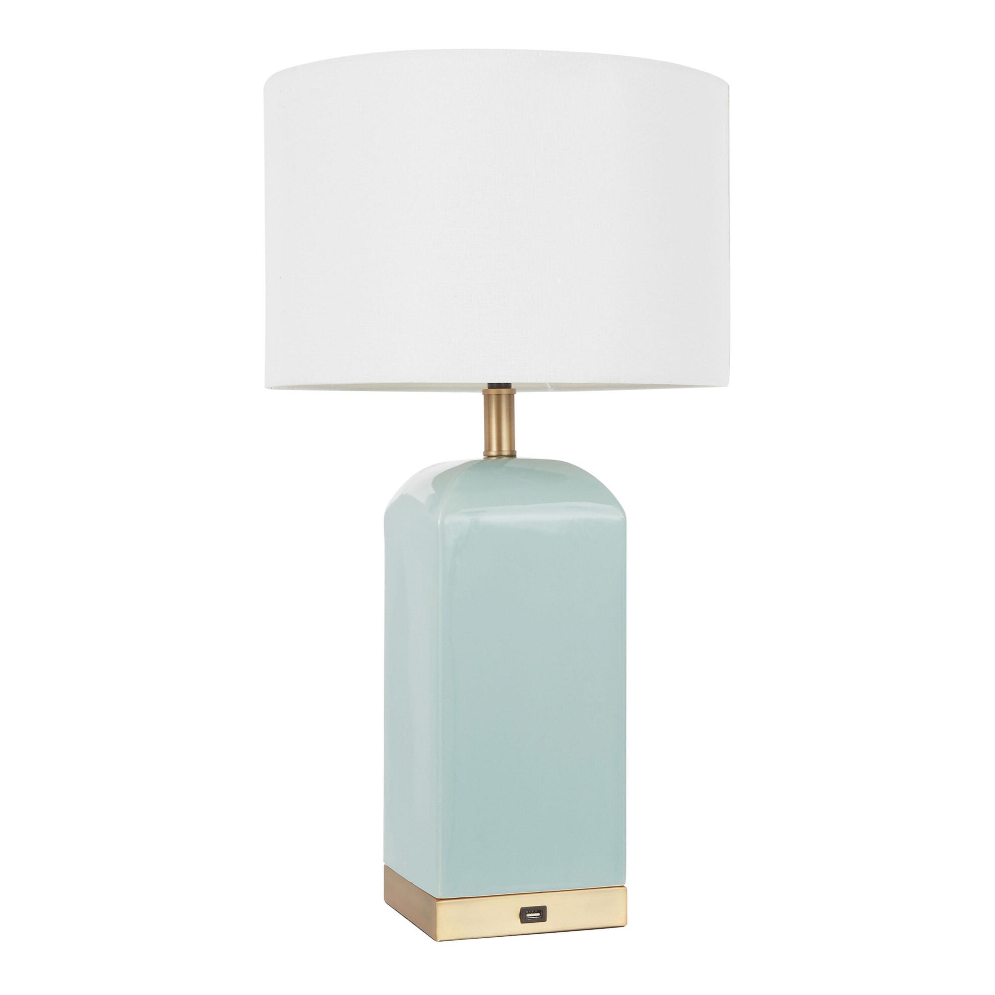 Aqua Ceramic And Metal Block Tessa Table Lamp With USB Port: Blue by World Market