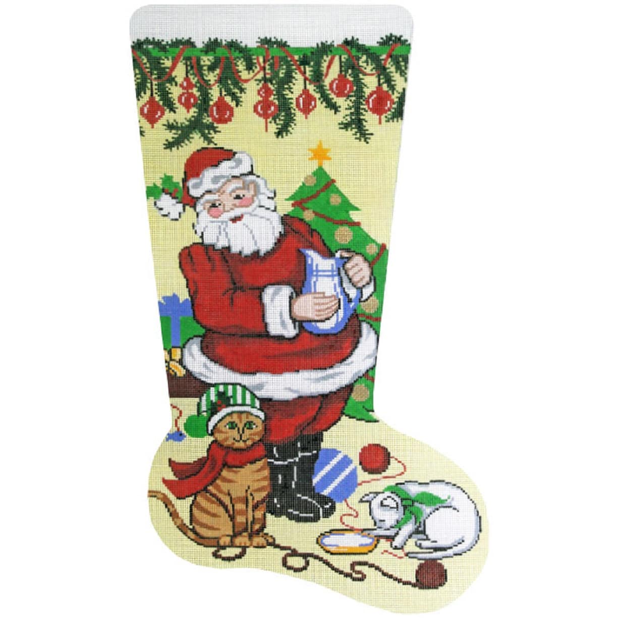 Handpainted Needlepoint Lee Christmas Stocking Santa With Kittens 23 -Free Us Shipping