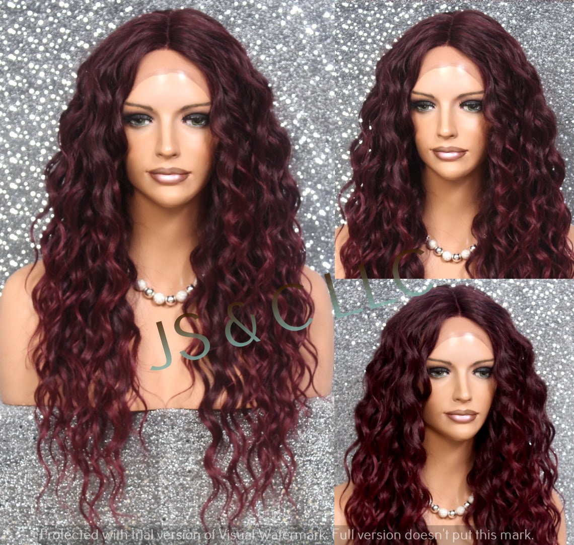 Care Free Curly Style Human Hair Blend Lace Front Wig Center Part Long Layered Burgundy Mixed Cancer Alopeica Emo Anime Cosplay