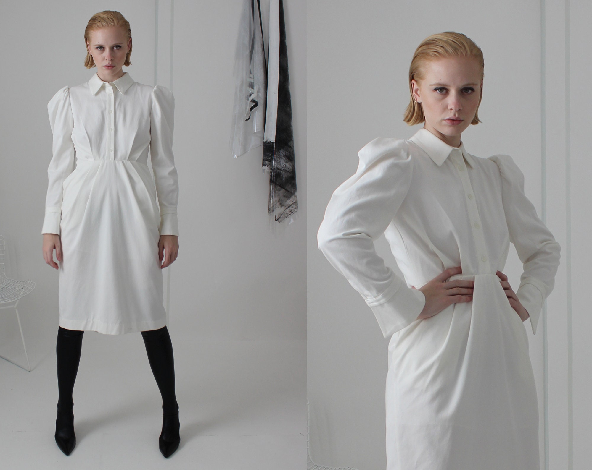 White Cotton Blend Avantgarde Pleated Dress | Sculptured Xs S