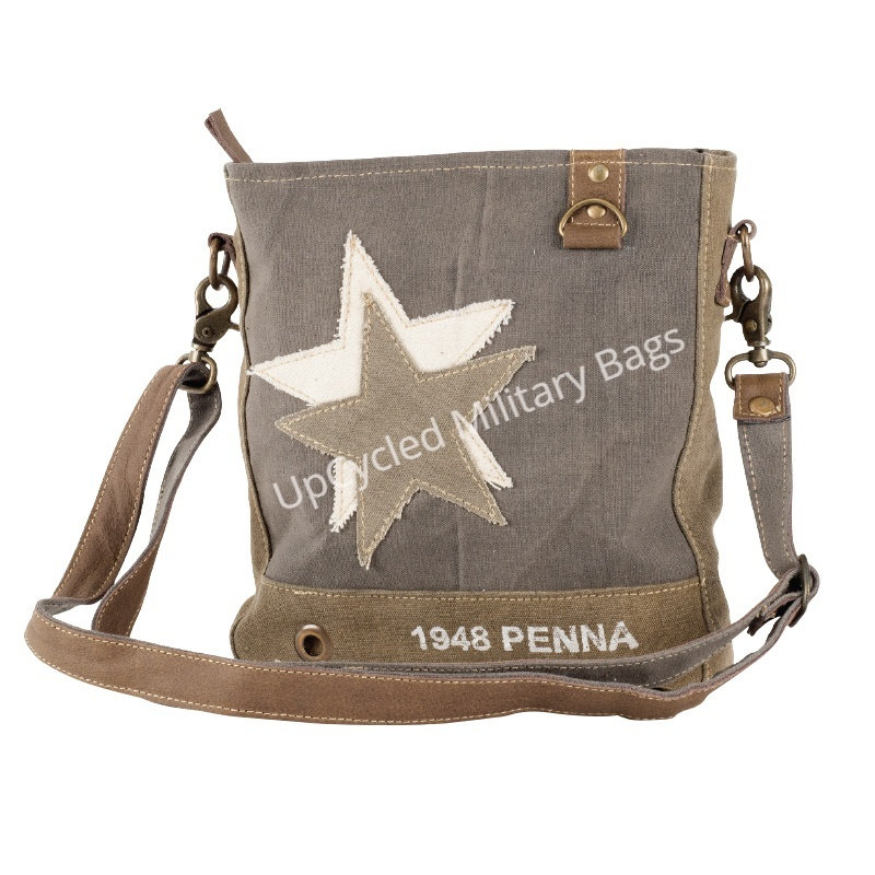 Repurposed Military Double Star Army Canvas Bag | Recycled Tent & Tarp Upcycled Crossbody Shoulder Wife Mom Handbag