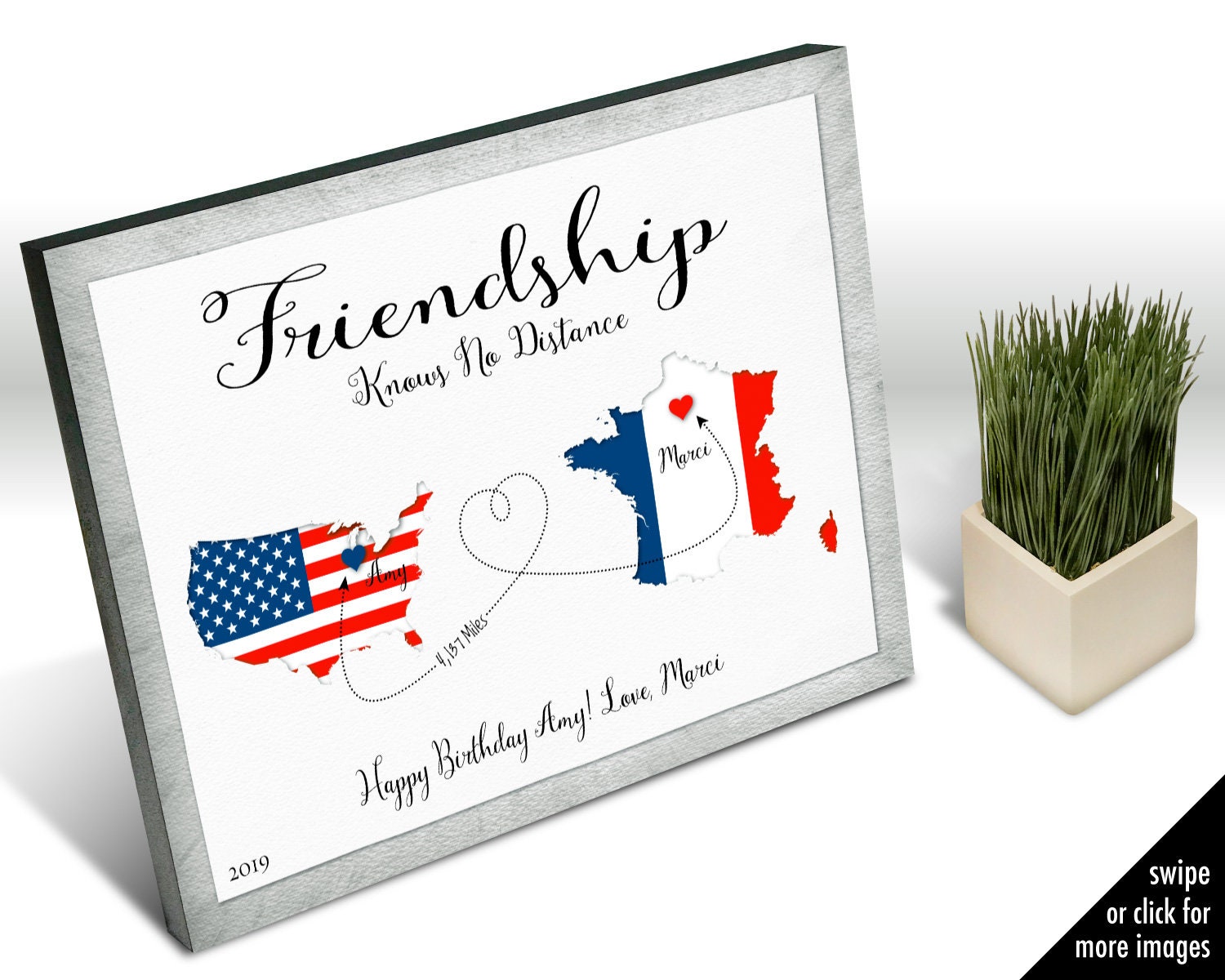 Us To France Keepsake Map, 2 Country Map For Friend With Flag Colors, Friendship Knows No Distance, Any Countries, Personalized