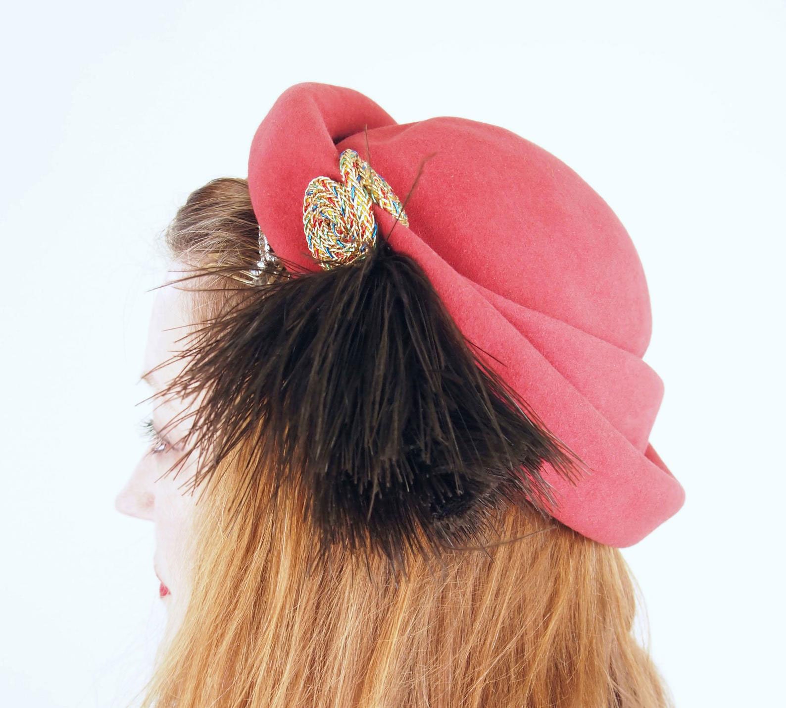 50S Tomato Red Felt Hat With Brown Feather Pom & Gold + Jeweltone Cord Decoration
