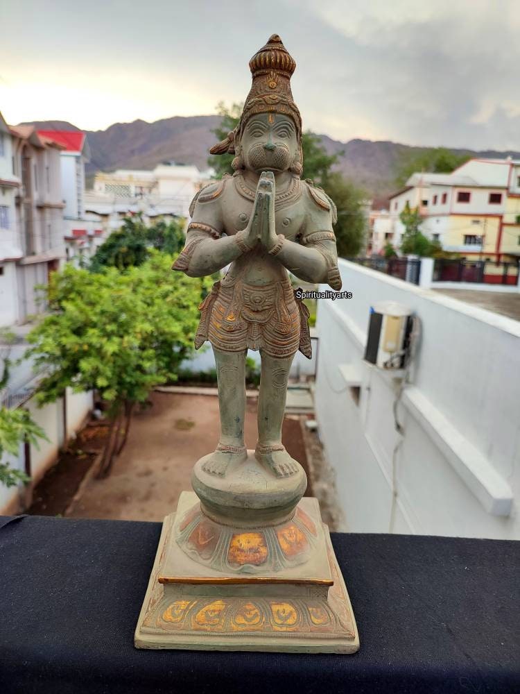 Hanuman Statue - Lord Ram Bhakt 16 Inches Standing Brass Antique Finish Statue For Altar & Temple God Of Power Strength