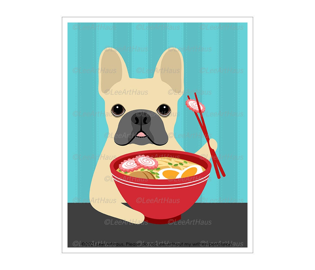 823D Ramen Artwork - French Bulldog Eating Noodles Wall Art Lover Decor Dog Kitchen Print