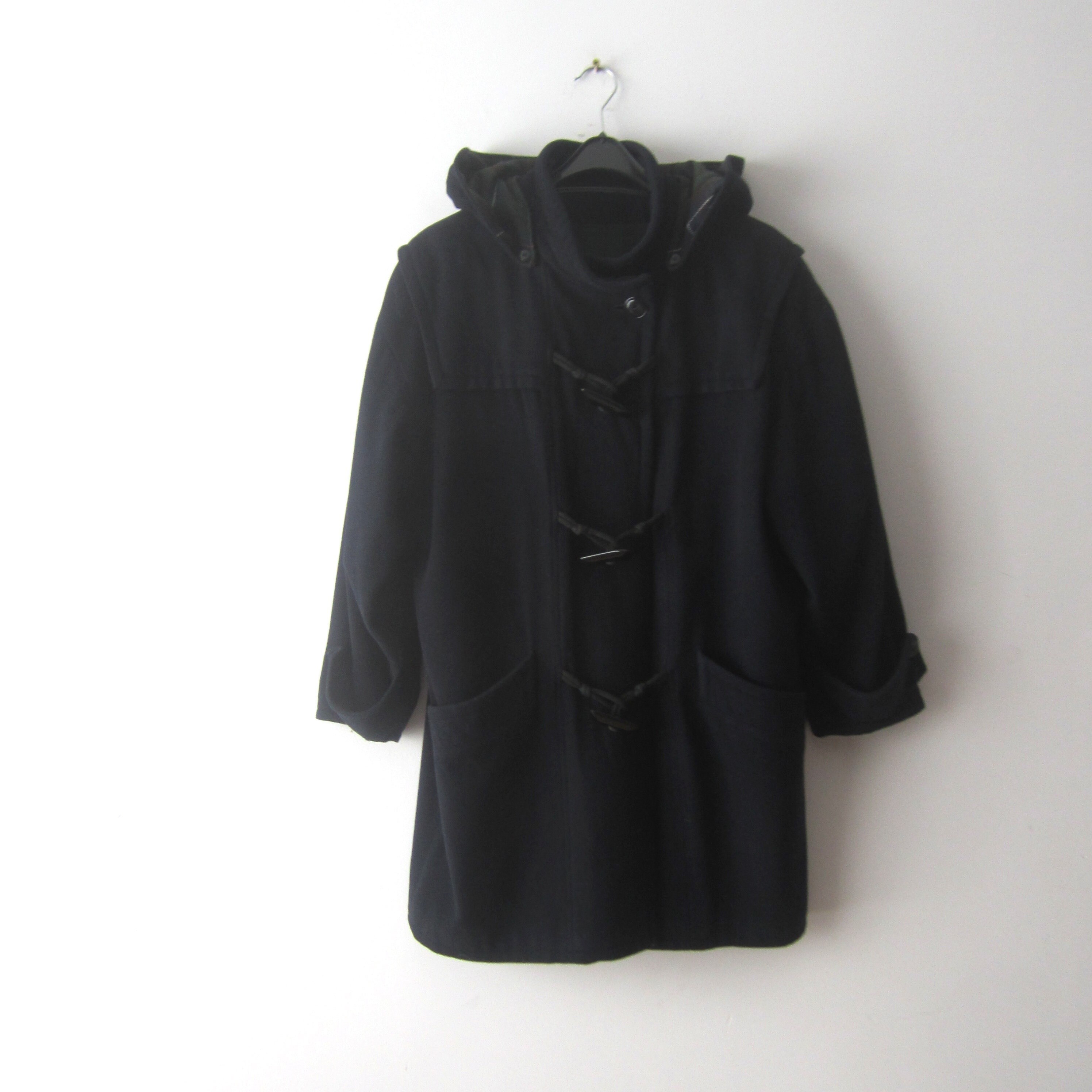 Vintage Women's Wool Blend Parka Jacket Navy Cropped Coat With Detachable Hooded 90S Duffle Autumn Spring Hipster Size Large