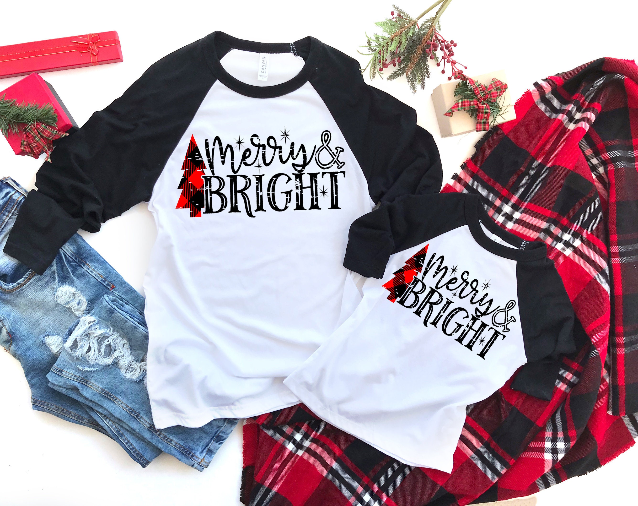Merry & Bright, Buffalo Plaid Mommy Me, Christmas Matching Shirts, Womens Clothing, Top, Shirts