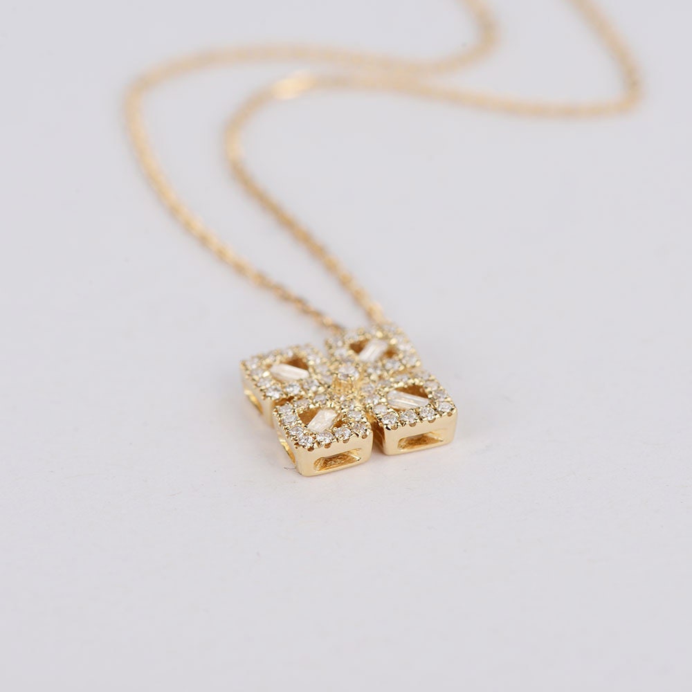 Square Diamond Pendant Necklace, Rose Gold Unique Engagement Wedding Solitaire Necklace