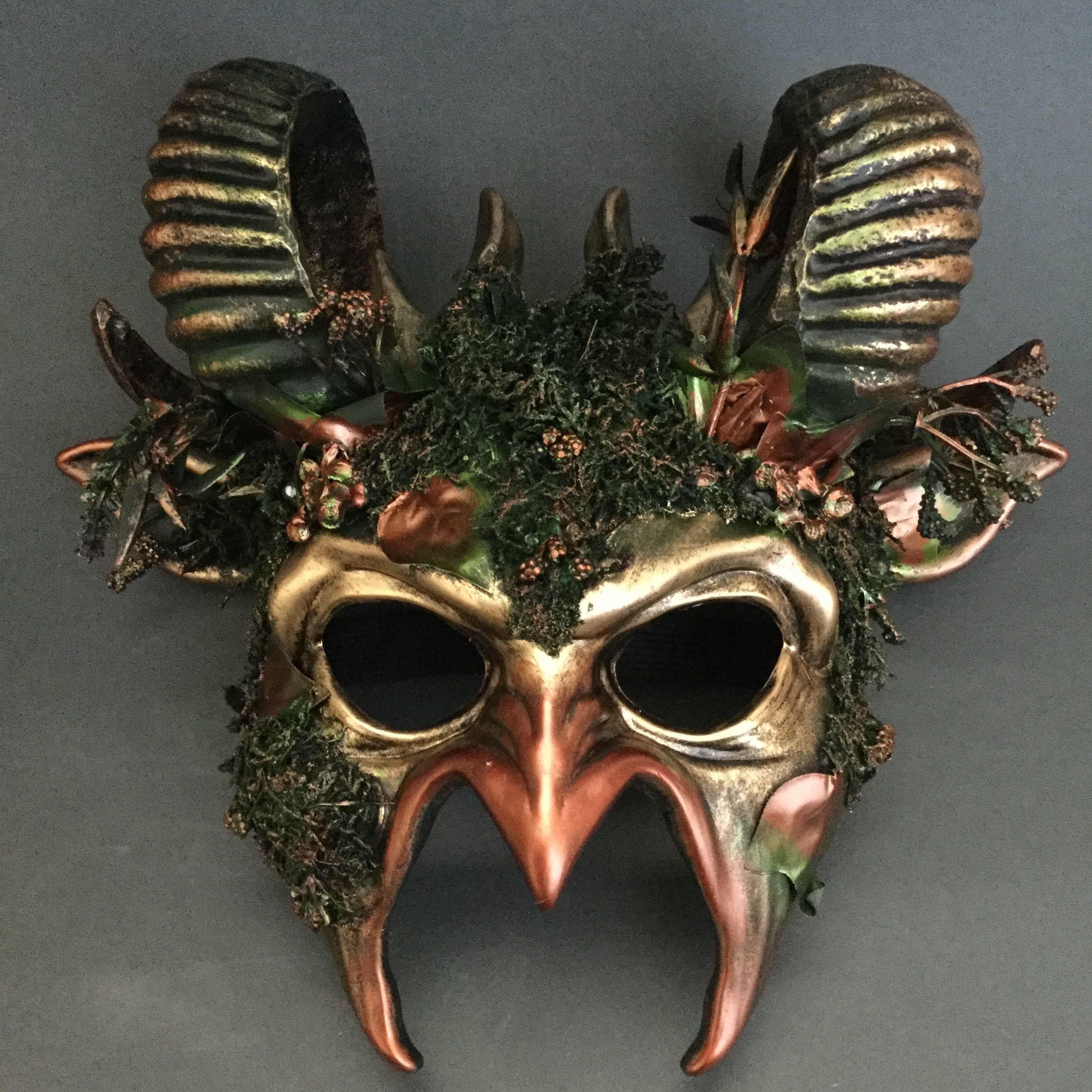 Dark Olive Green Forest Earth Medusa Woodland Demon Halloween Masquerade Ball Mask With Ram Horns