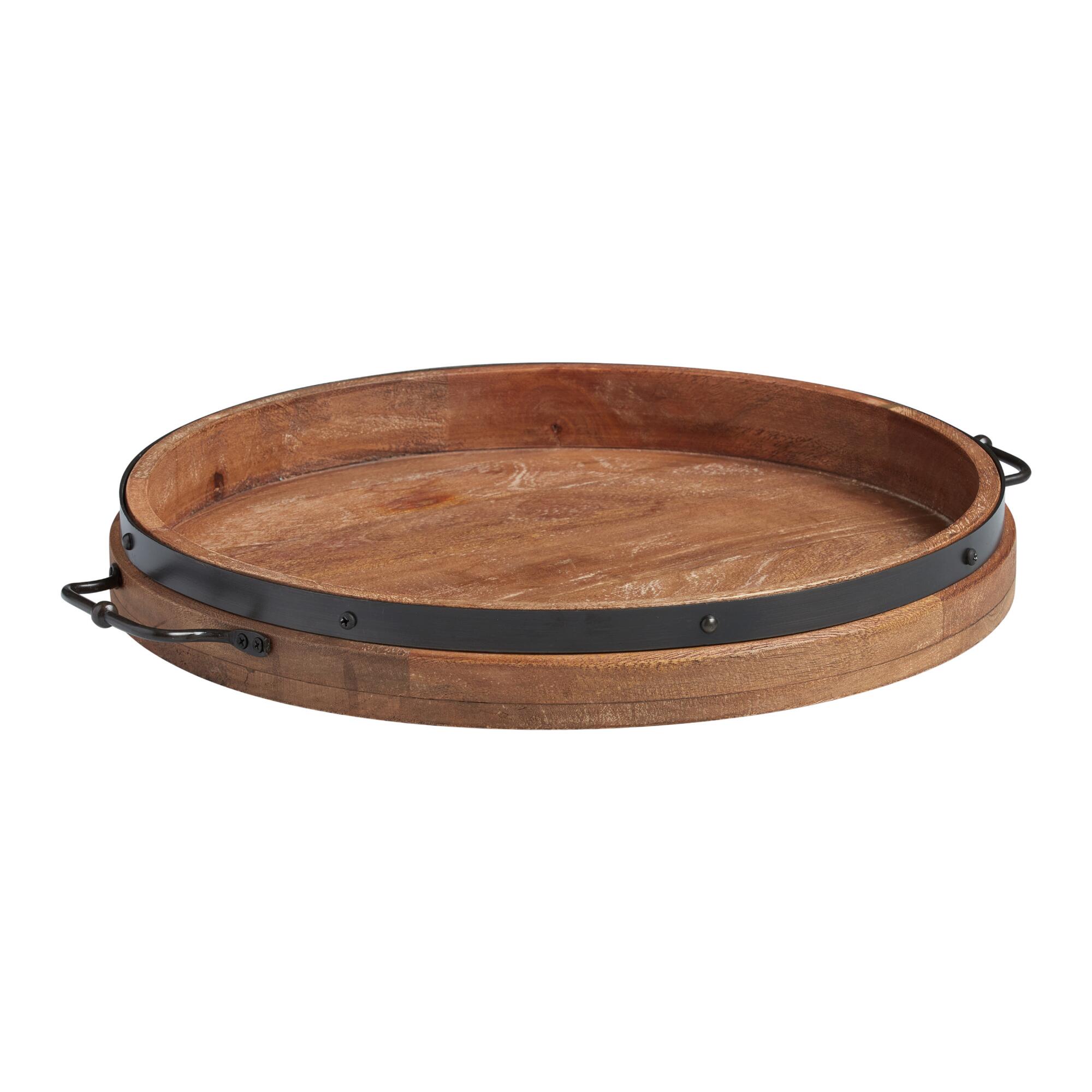 Round Rustic Wood Serving Tray With Iron Handles: Natural by World Market