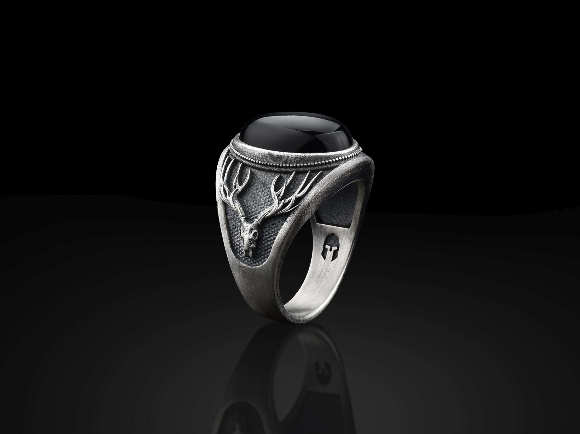 Biker Onyx Silver Men's Ring, Skull Ram Head Man Oval Black Signet Aries Men Husband Gift Ring