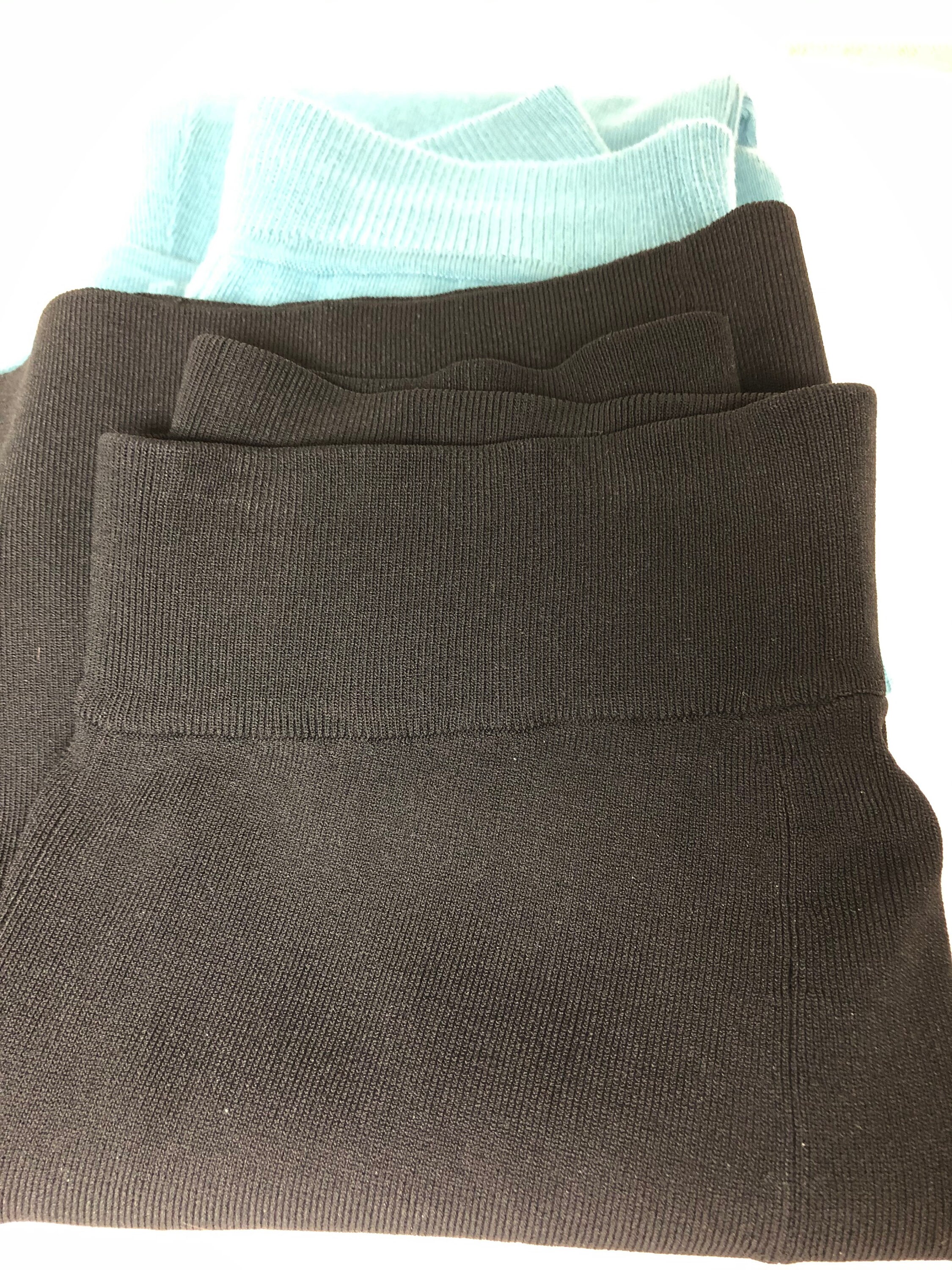 2 Pair Pants, Light Blue Wool Blend Knit Long Taper Leg, Black Shorter Wide Leg Rayon Nylon Blend, Stretch Waist, No Pockets
