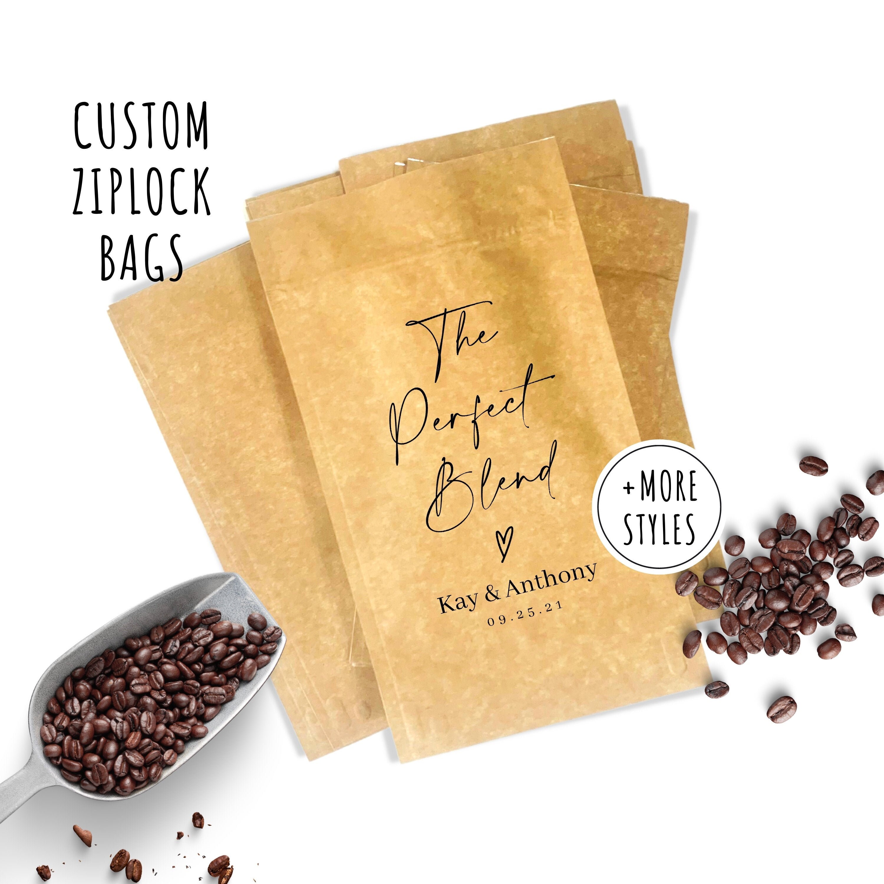 Custom Perfect Blend Coffee Favor Bags, Ziplock Resealable Bags For Wedding Or Bridal Coffee Favors