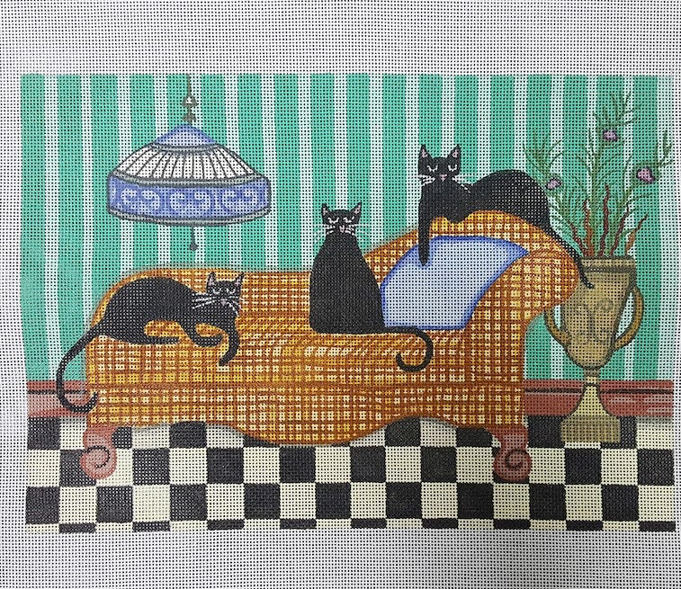 Needlepoint Handpainted Cindi Lynch Black Cats On Orange Couch 8x11 -Free Us Shipping