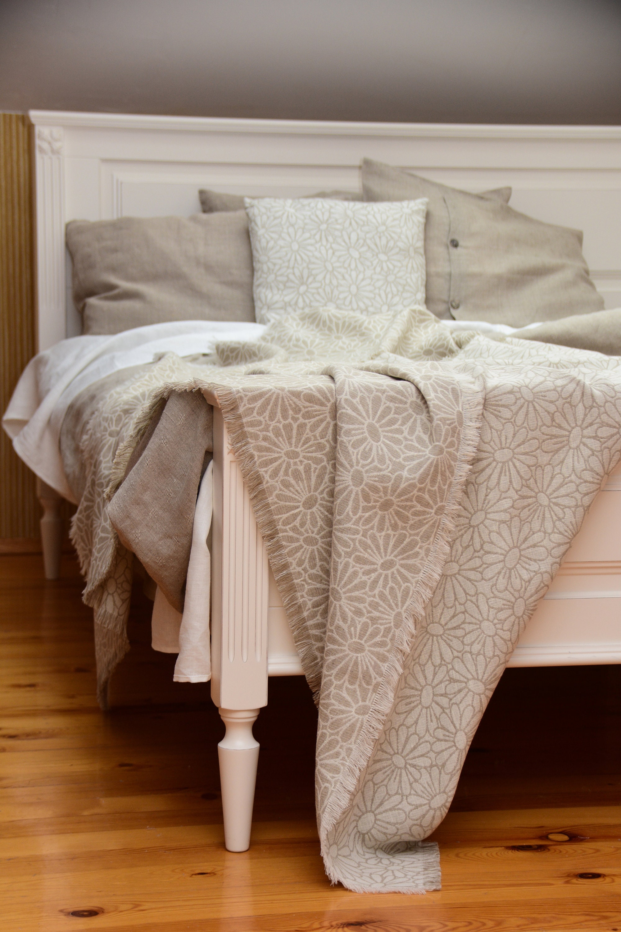 Linen Blend Throw With Pattern - Bed Stone Washed Linen Cotton Fabric Natural Quilt Bubble