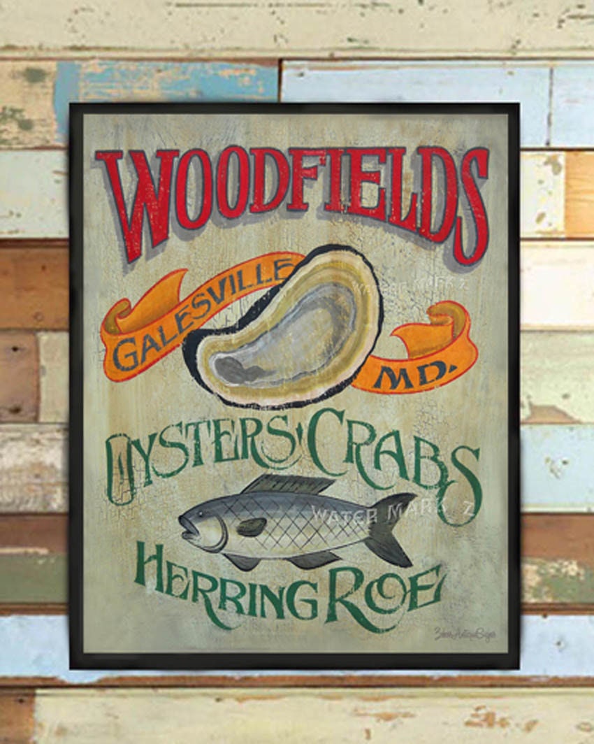 Woodfield's Oyster Print From An Original Hand Painted & Lettered Sign, Beach House Oyster Print, Vintage Oyster, Decor