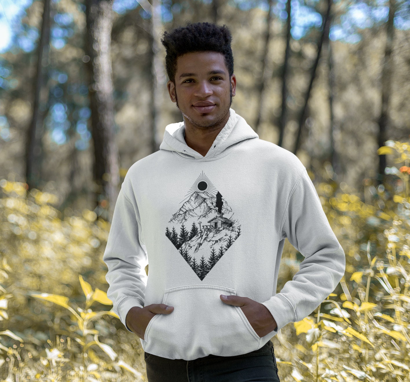 Into The Mountains | Unisex Heavy Blend Crewneck Sweatshirt/Hoodie Adventure Camping Hiking Nature Lover Pine Forest Sun |Gift