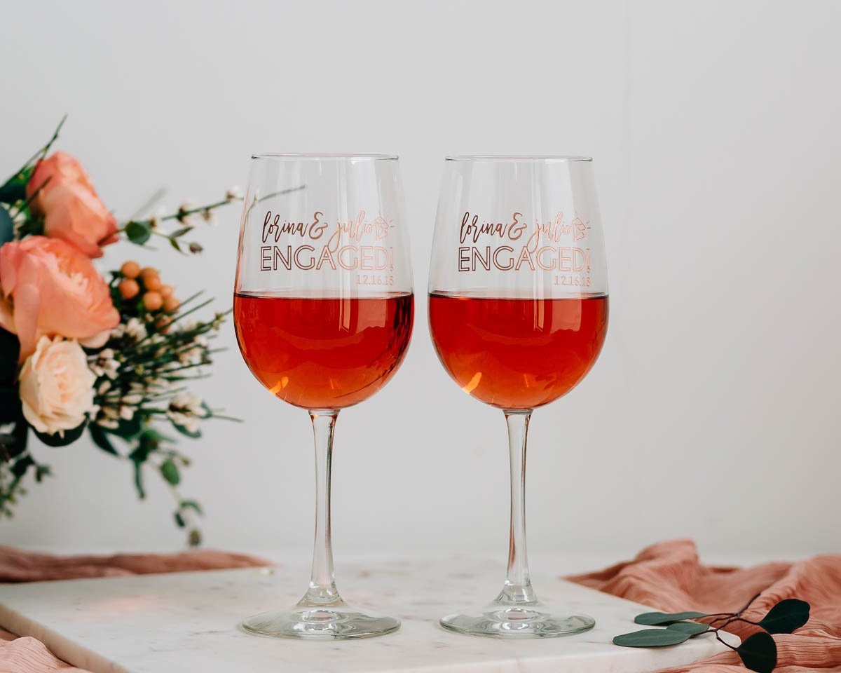 Just Engaged Personalized Wine Glasses | Set Of Two Engraved Engagement Glasses, Couples Gift, His & Hers Glass