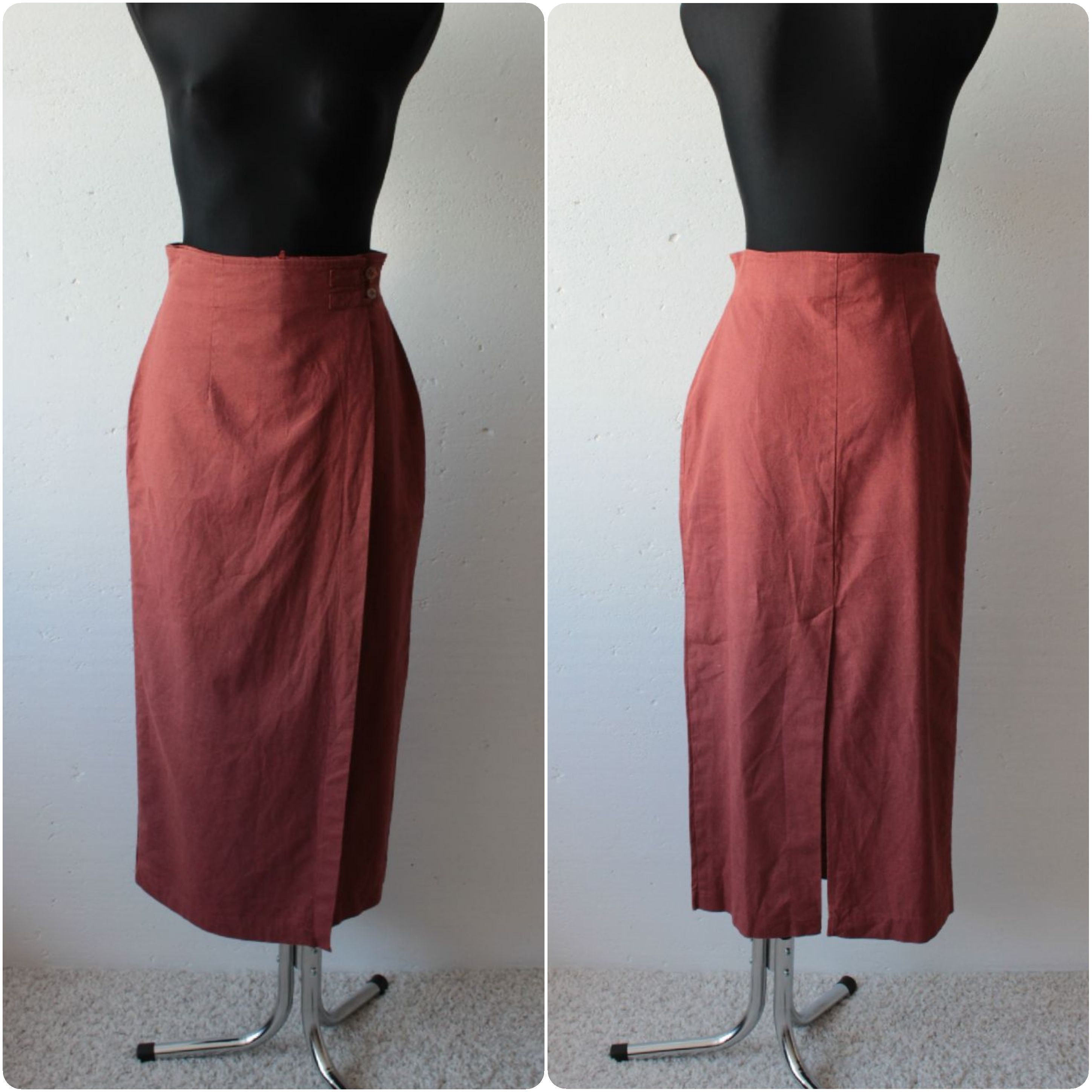 Vintage Linen Blend Brick Red Midi Maxi Wrap Skirt 90S High Waist Women's Linen Cotton Straight Pencil Fitted