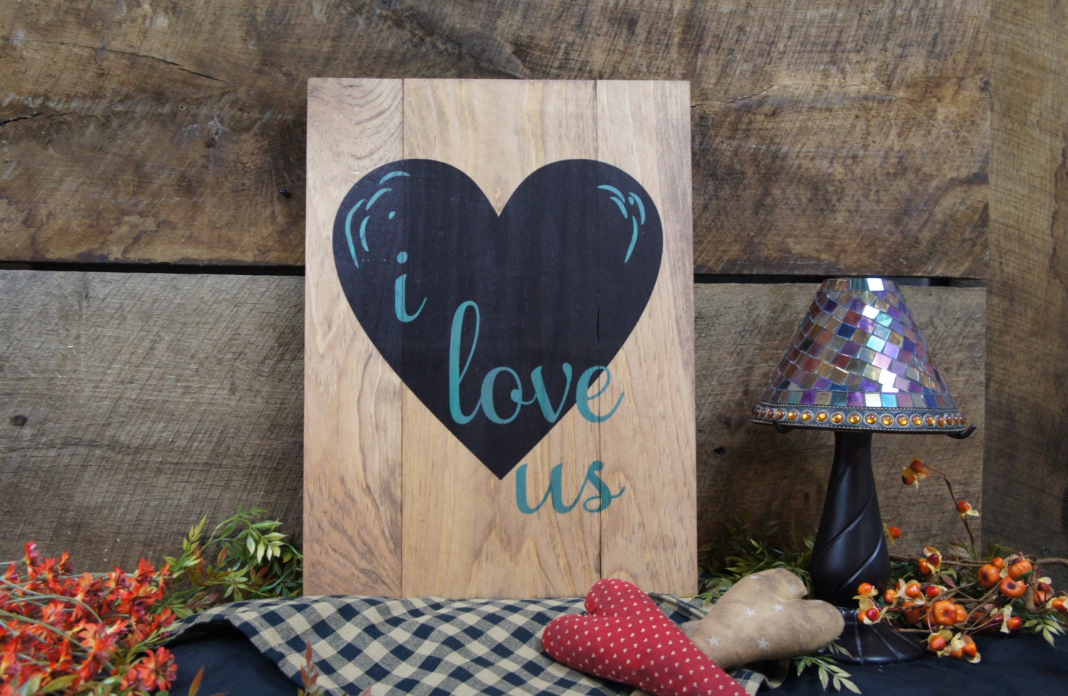 Rustic Style Love Sign I Love Us Black Heart All Wood Slat Pallet Sign , We Can Add Dates Names Change Wording Free Fast Shipping