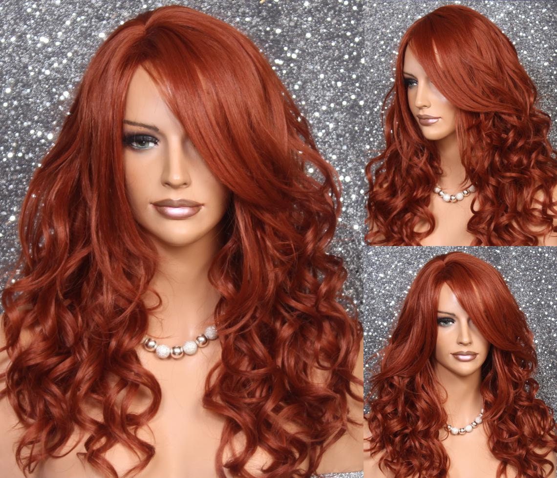 Copper Red Human Hair Blend Wavy Extra Long Bangs Off Center Parting Curly Cancer Alopecia Theater Cosplay