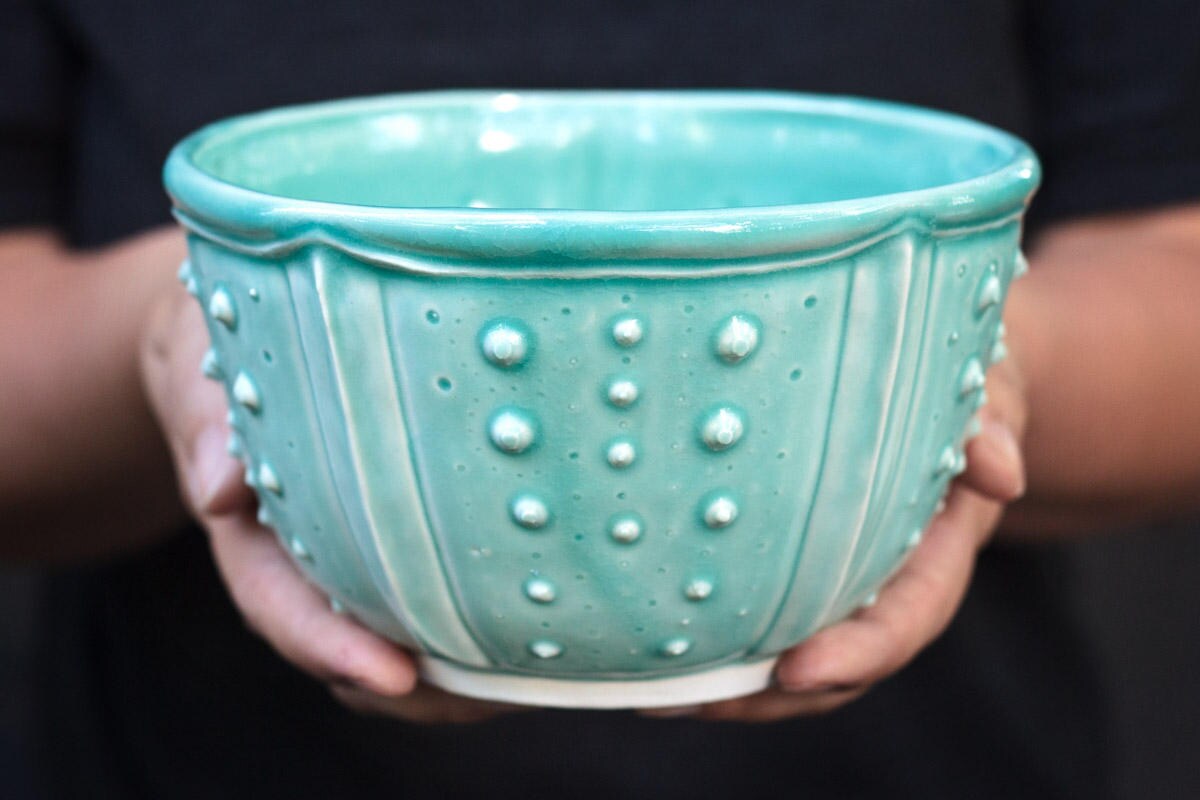 Aqua Blue Porcelain Soup Bowl, Sea Urchin Ceramic Handmade Blue Noodle Pho Ramen Aqua Big Bowl