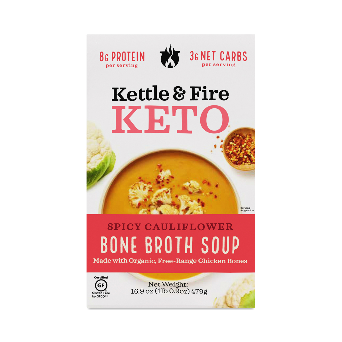 Kettle & Fire Keto Chicken Bone Broth, Spicy Cauliflower Soup 16.9 oz carton