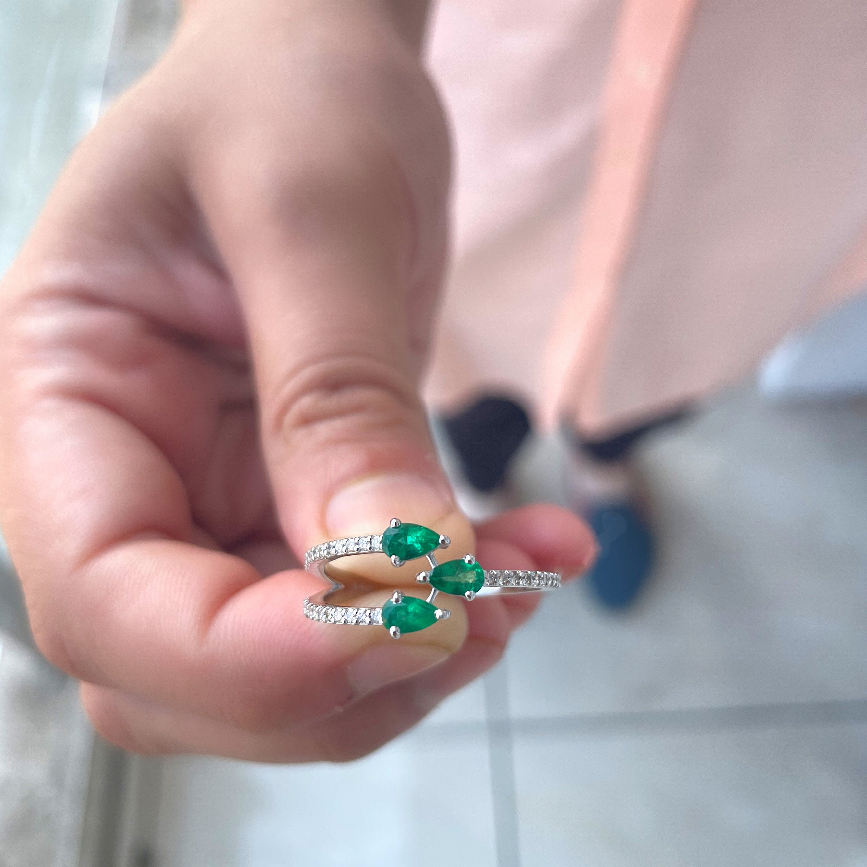 3/4 Ct Emerald & Diamond Ring, Open Cuff Wrap Rings For Women