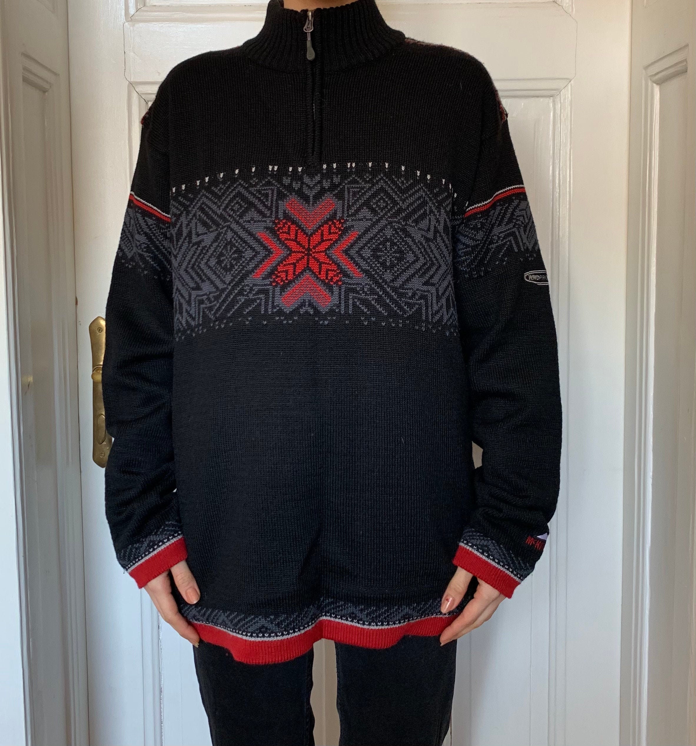 Vintage Wool Blend Navy Blue Red Grey Snowflakes Pattern Zip Up Collared Ski Jumper Pullover Size L - Xl Men