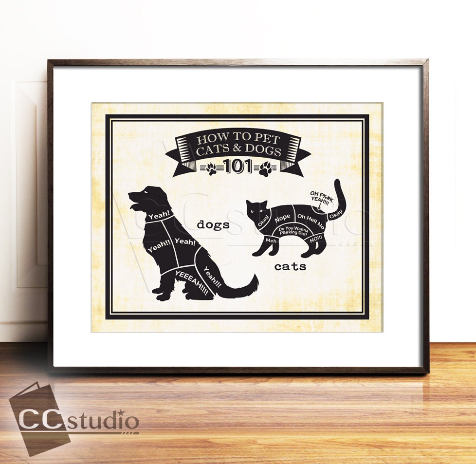 How To Pet Cats & Dogs 101, Dog Wall Art, Cat Art, Dog Lover, Cat & Poster, Animal Prints, Animal Art, Home Decor, Wall Signs